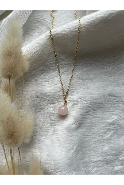 PelvedDesign Pembe Kuvars Taşı 8 mm Altın Kaplama Kolye
