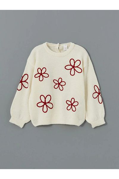 LC Waikiki Lcw Baby Ecru dziewczęcy sweter z dzianiny z okrągłym dekoltem i haftem