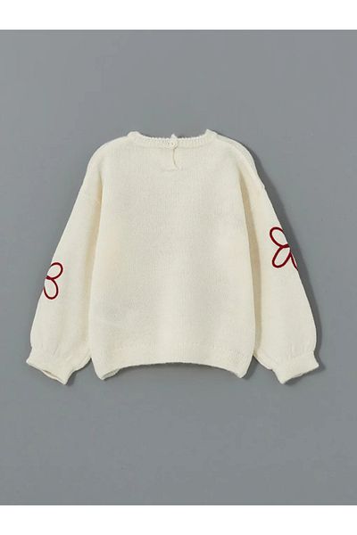LC Waikiki Lcw Baby Ecru dziewczęcy sweter z dzianiny z okrągłym dekoltem i haftem
