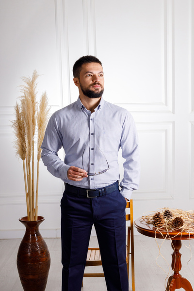 Sarar Eleta Μικρό καρό μοτίβο με τσέπες Classic Fit Βαμβακερό πουκάμισο Navy Blue White