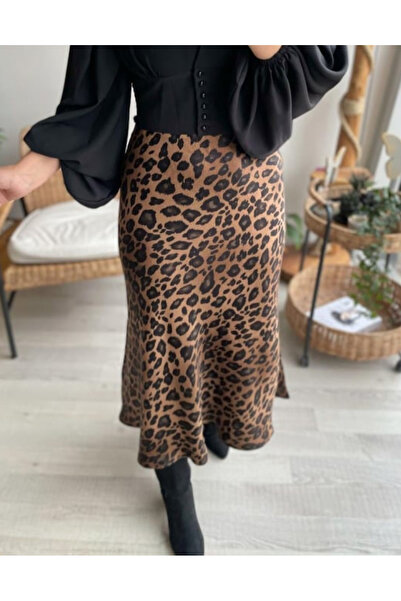Astrea Butik LEOPAR DESENLİ KAHVERENGİ BELİ LASTİKLİ SATEN ETEK