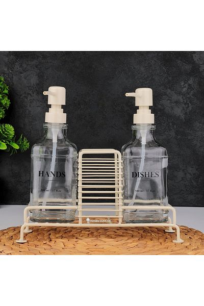GUNES ZUCCACIYE Dozator de săpun lichid din sticlă de culoare cremă Mien 500 ml - Pachet de 2 cu suport metalic