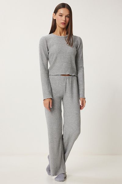 Lovelyİstanbul Costum tricotat Yumoş - pantaloni largi, gri Melange, LAN0022