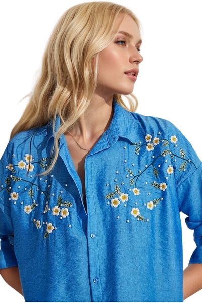 Cassime Cămașă oversize din in brodat Saks Blue Daisy - Ayrobin pentru femei
