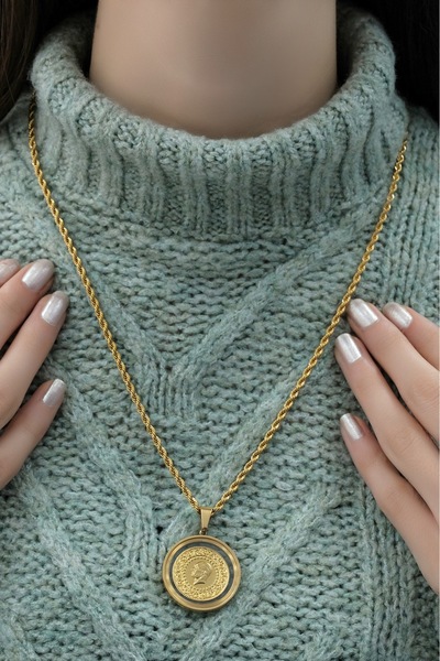 aytekgold Yarım Altınlı Cam Çerçeveli Halat Kolye