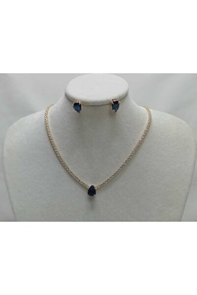İKİYAKA TAKI VE AKSESUAR LACİVERT ZİRKON TAŞLI KOLYE/KÜPE SET