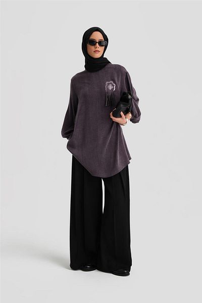 Armine Purple Silvery Floral Print Kupra Tunic - 24K4303