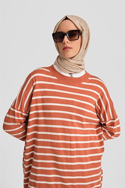 Armine Çizgili Triko Tunik 24kd2007 Oranj