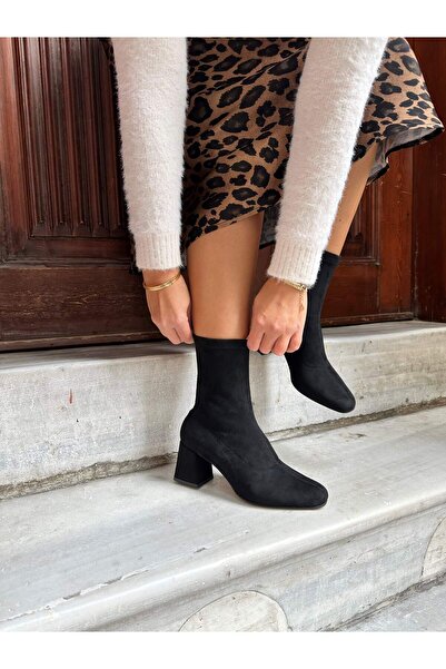 Atelierby DS Siyah Süet Küt Burun Streç Bot