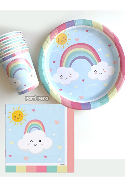 parti pera Gökkuşağı Bulut Karton Tabak Bardak Peçete Seti
