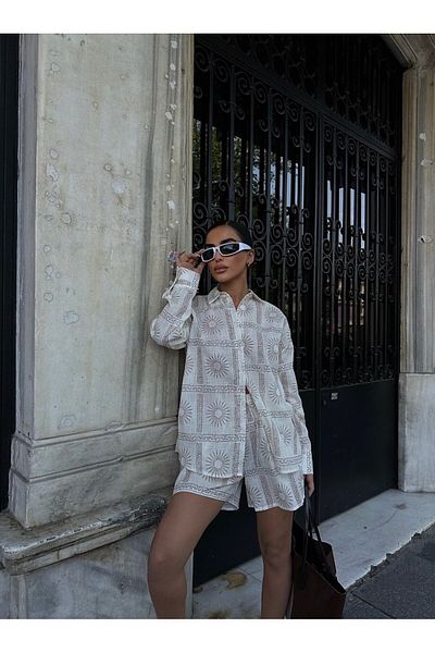 scyllastore Set pantaloni scurți cămașă de in crem pentru femei