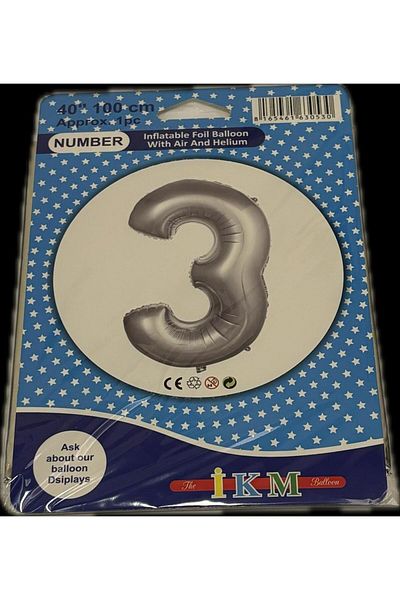ikm balon Foil Balloon 3 Number Helium Balloon 100 cm 40" Silver Color - 3 Years Old Balloon - 3 Years Old Balloon -3 Number Balloon