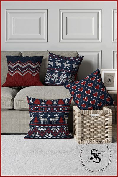 SasoHome La mulți ani, tricot albastru bleumarin, cu modele de căprioare, set de 4 huse de pernă imprimate digital