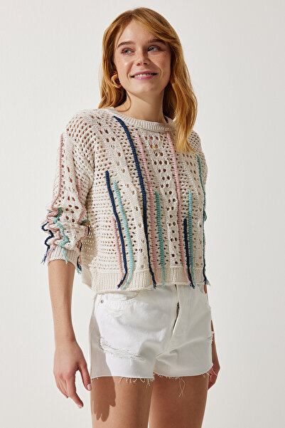 Lovelyİstanbul Πλεκτό πουλόβερ με ανοιχτόχρωμο λαιμό - Εποχιακό, CREAM LAN0023