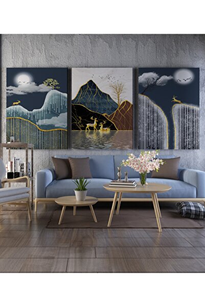 DESİGN 3'lü Modern Tasarım Ev Ofis İşyeri Dekorasyon Kanvas Tablo
