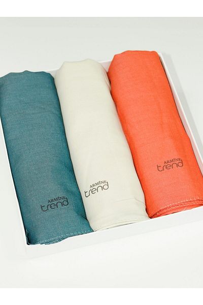 Armine Solid Color, Cotton Seher Shawl - Set of 3 - Petrol Blue, Cream, Pomegranate Flower