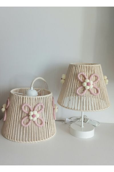 C&A&B KUZEY AVİZE ECRU MACRAME ROPE WRAPS CONICAL WIRE FLOWER APPLIQUE BABY GIRL AND GIRL'S ROOM CHANDELIER - LAMP SHADE SET(3)