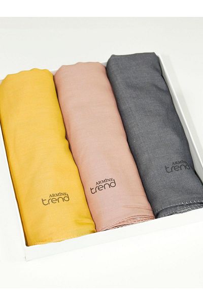 Armine Solid Color, Cotton Seher Shawl - Set of 3 - Yellow, Pink, Smoked