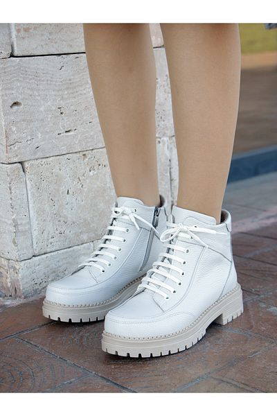 EREN SHOES BAG (Velma) Ecru Real Leather Lace-Up Zippered Ankle Boots