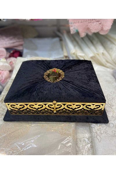 HMZ Textile Gift Dowerry Kur'An I Crossed Velvet Chest, Seccade and Tesbi̇h. Set of 4