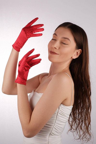 Hobigram Red Satin Long Bridal Gloves 21 cm Dance Opera Gloves Costume Gloves – Party Gloves – Part