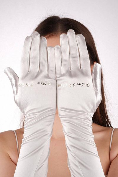 Hobigram White Satin Custom Printed Bridal Gloves Dance Gloves Opera Gloves 56 cm – Party Gloves – Party