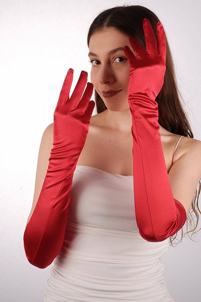 Hobigram Red Satin Long Bridal Gloves 56 cm Dance Opera Gloves – Party Gloves, Stylish Design – Party E