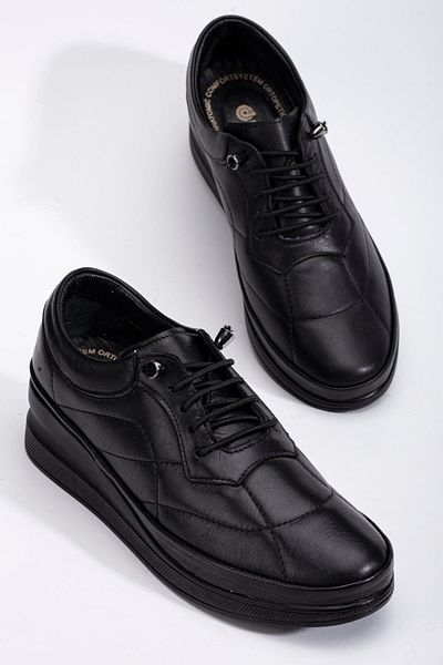 Dilimler Ayakkabı Genuine Leather Orthopedic Women's Wedge Heeled Shoes Black Elastic Laced