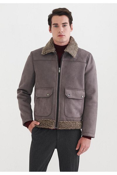 Pierre Cardin Ανδρικό μπουφάν Antoine Grey Fur Collar με μεγάλη τσέπη από συνθετικό δέρμα