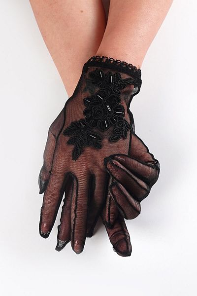 Hobigram Black Embroidered Bead Detailed Stylish Bridal Gloves Party Gloves – Party Gloves, Stylish Design – Par