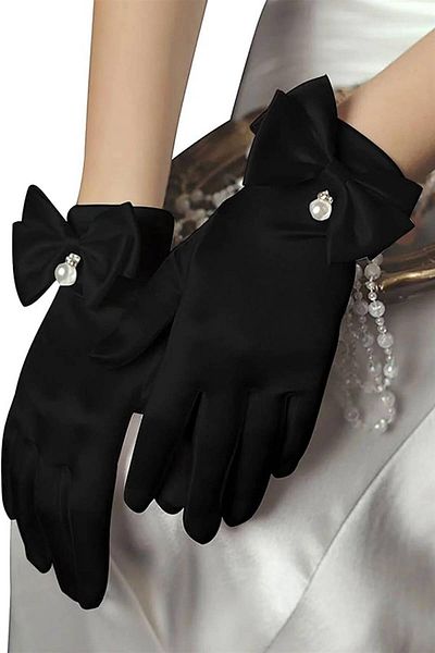 Hobigram Black Pearl Bow Model Satin Bridal Gloves Party Gloves Costume Gloves – Party Gloves – Pa