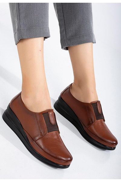 Dilimler Ayakkabı Orthopedic Genuine Leather Women's Wedge Heeled Shoes - Tan Elastic Band Laceless