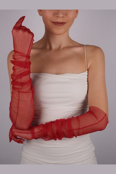 Hobigram Red Long Stylish Tulle Gloves Wedding Wedding Party Costume Gloves – Party Gloves, Stylish Design – Part