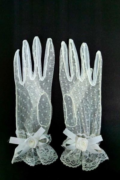 Hobigram White Rose Detailed Bow Bridal Gloves Costume Gloves – Party Gloves, Stylish Design – Party Eld