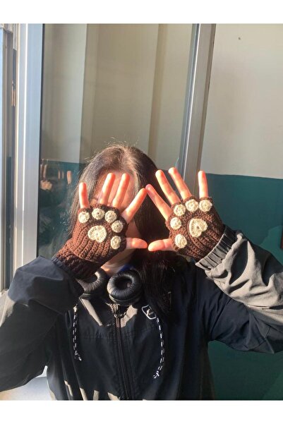 sumicorn Sevimli Kedi Patisi Kahverengi Örgü Parmaksız Kışlık Eldiven