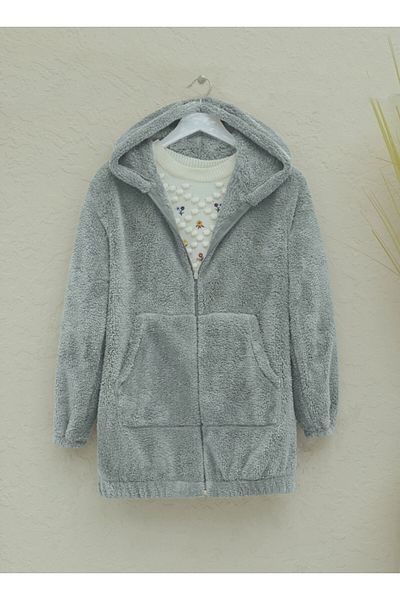 Modamorfo Gray Plush Coat - Kangaroo Pocket and Hoodie