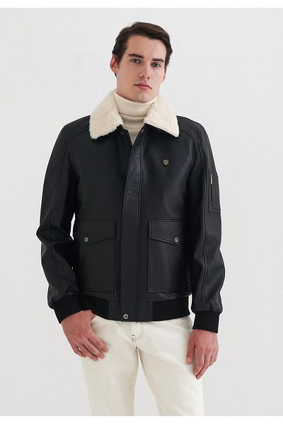 Pierre Cardin Мъжко черно кожено палто Theo с яка от изкуствена кожа