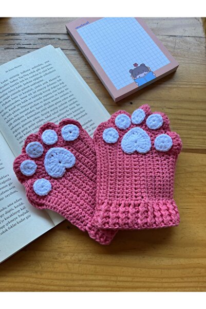 sumicorn Sevimli Kedi Patisi Pembe Örgü Parmaksız Kışlık Eldiven