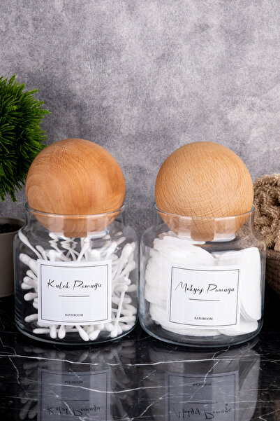 DNS HOME Set de 2 capac din lemn pentru bumbac pentru urechi și bumbac pentru machiaj, set organizat de containere de depozitare, set de borcane de sticlă