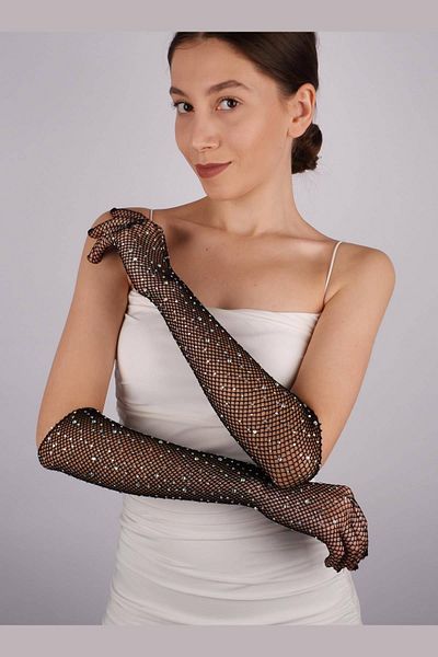 Hobigram Black Shiny Stone Mesh Gloves Party Gloves Dance Gloves Costume Gloves – Party Gloves – Par