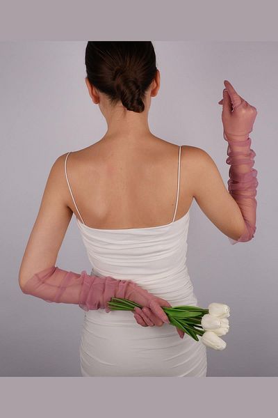 Hobigram Dusty Rose Long Stylish Tulle Gloves Wedding Wedding Party Costume Gloves – Party Gloves, Stylish Design – P