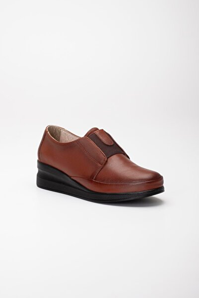 Dilimler Ayakkabı Orthopedic Genuine Leather Women's Wedge Heeled Shoes - Tan Elastic Band Laceless