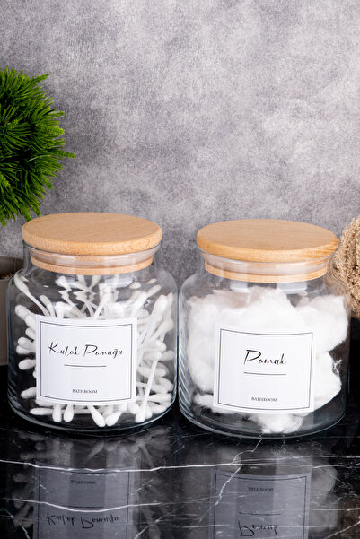 DNS HOME Set de 2 recipiente din bumbac din sticlă, cu capac din lemn, set organizat de bumbac și recipiente de depozitare din bumbac