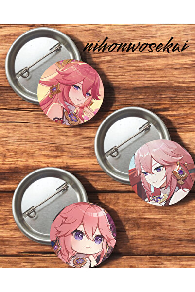 nihonwosekai 3 Adet Yae Miko Genshin Anime Buton Rozet 37mm