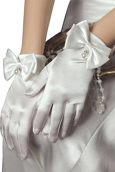 Hobigram Off White Pearl Bow Satin Costume Gloves Bridal Gloves Party Gloves – Party Gloves –