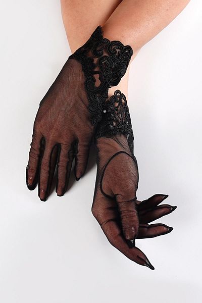 Hobigram Black Floral Pattern Button Detail Stylish Bridal Gloves Party Gloves – Party Gloves, Stylish Design –
