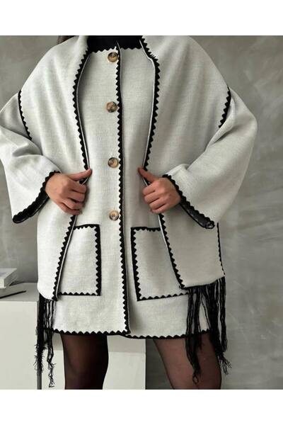 Genel Markalar Kadın Nakış Detaylı Atkılı Yumuşak Kaşe Kaban Beyaz Ceket