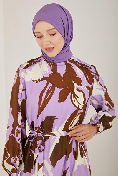 Armine Fırfırlı Desenli Viskon Elbise 23y9669 Lavanta