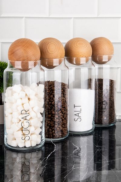 DNS HOME Set of 4 Tea, Sugar, Coffee, Salt and Glass Storage with Clear Labeled Wooden Ball Cover for 1300ml