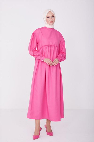Armine Candy Pink Cotton Dress - Ruffled Waist and Sleeve, 23Y9651